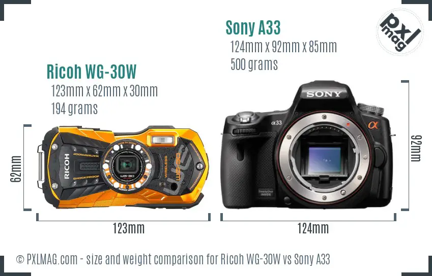 Ricoh WG-30W vs Sony A33 size comparison