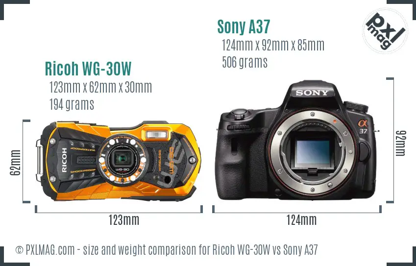 Ricoh WG-30W vs Sony A37 size comparison