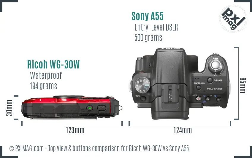 Ricoh WG-30W vs Sony A55 top view buttons comparison