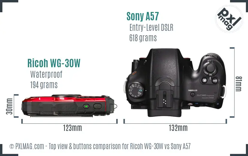 Ricoh WG-30W vs Sony A57 top view buttons comparison