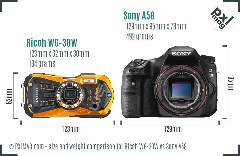 Ricoh WG-30W vs Sony A58 size comparison
