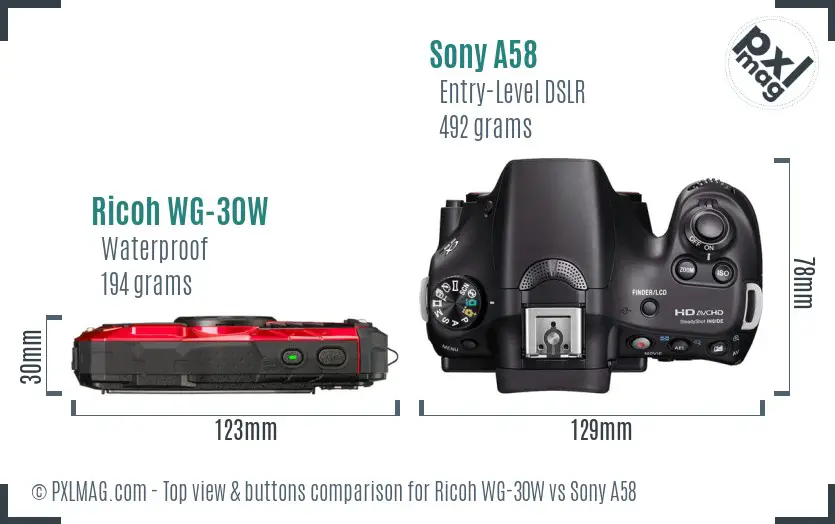 Ricoh WG-30W vs Sony A58 top view buttons comparison