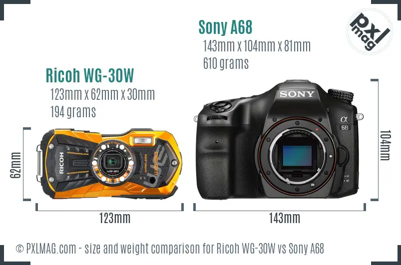 Ricoh WG-30W vs Sony A68 size comparison