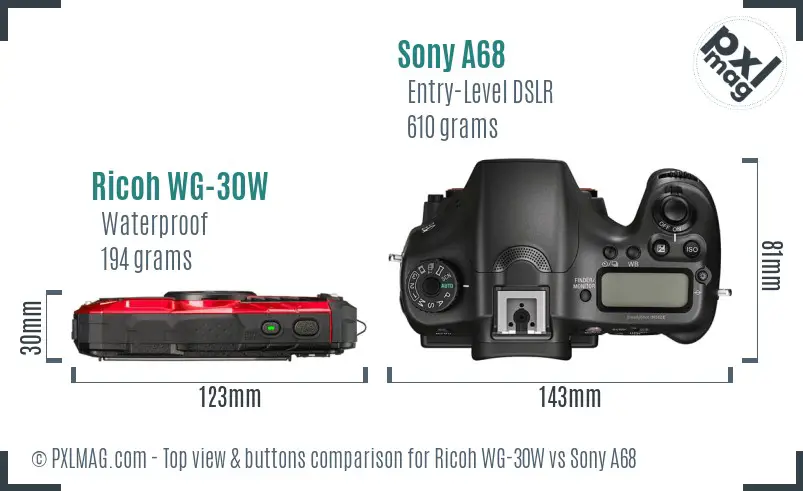 Ricoh WG-30W vs Sony A68 top view buttons comparison