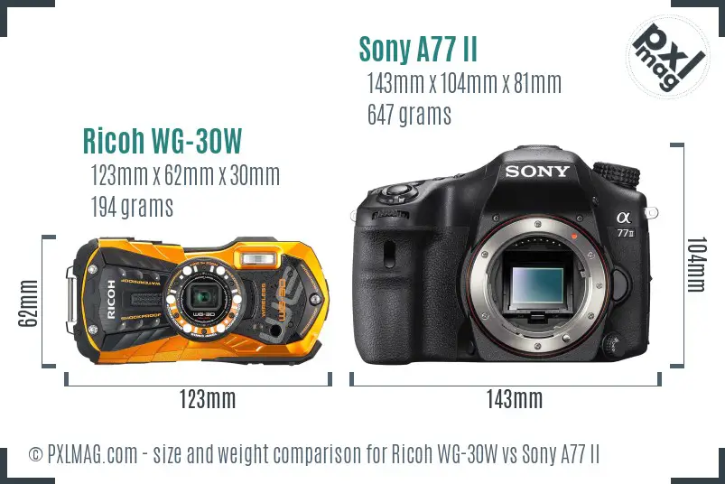 Ricoh WG-30W vs Sony A77 II size comparison