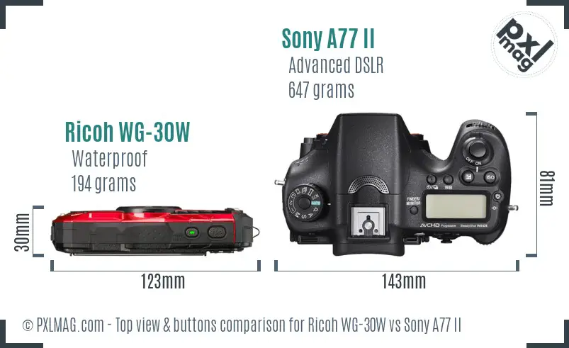 Ricoh WG-30W vs Sony A77 II top view buttons comparison