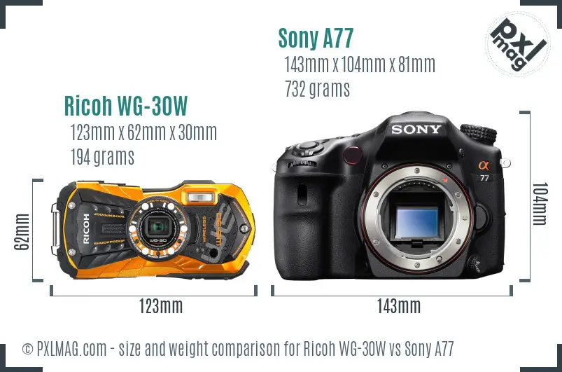 Ricoh WG-30W vs Sony A77 size comparison