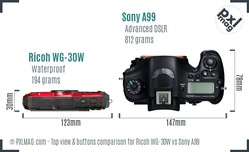 Ricoh WG-30W vs Sony A99 top view buttons comparison