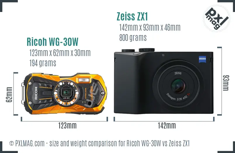 Ricoh WG-30W vs Zeiss ZX1 size comparison