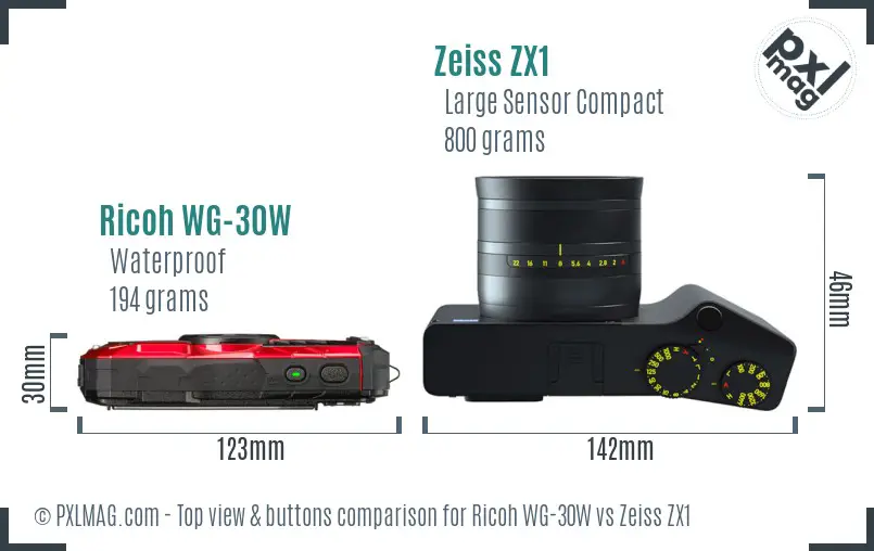 Ricoh WG-30W vs Zeiss ZX1 top view buttons comparison