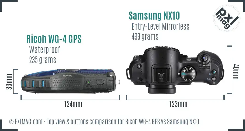 Ricoh WG-4 GPS vs Samsung NX10 top view buttons comparison