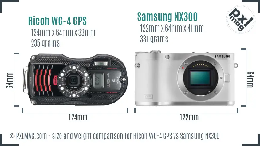 Ricoh WG-4 GPS vs Samsung NX300 size comparison