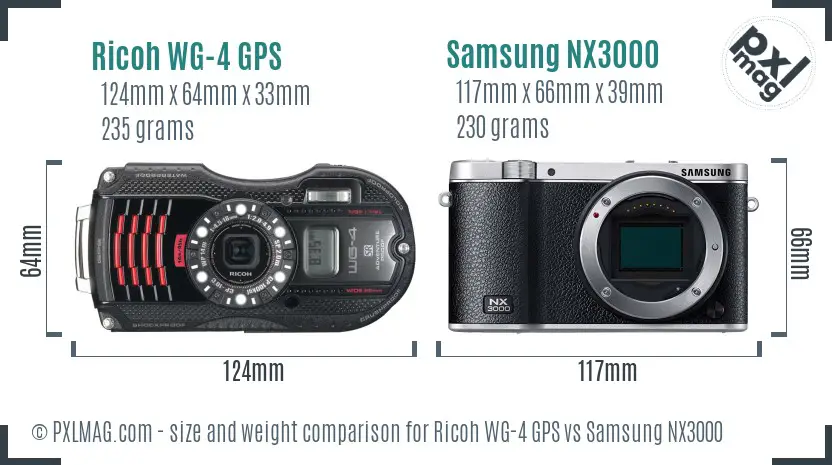 Ricoh WG-4 GPS vs Samsung NX3000 size comparison