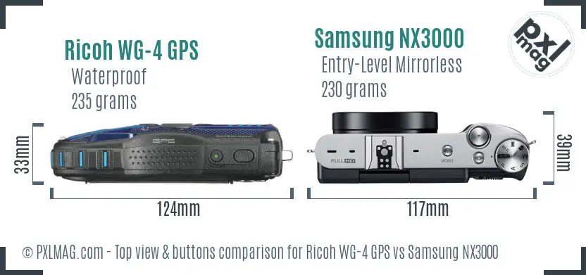 Ricoh WG-4 GPS vs Samsung NX3000 top view buttons comparison