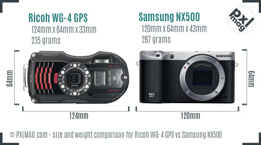 Ricoh WG-4 GPS vs Samsung NX500 size comparison