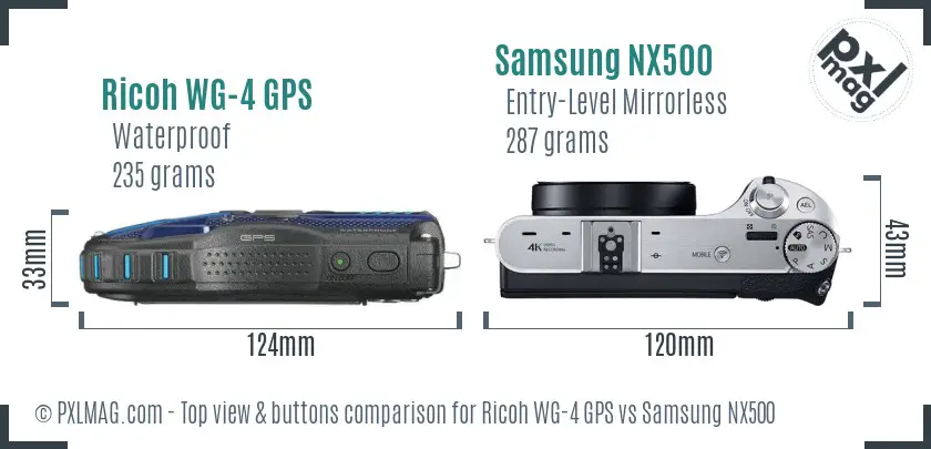 Ricoh WG-4 GPS vs Samsung NX500 top view buttons comparison
