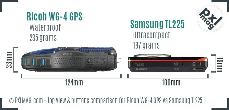 Ricoh WG-4 GPS vs Samsung TL225 top view buttons comparison Ricoh WG-4 GPS vs Samsung TL225 top view buttons comparison