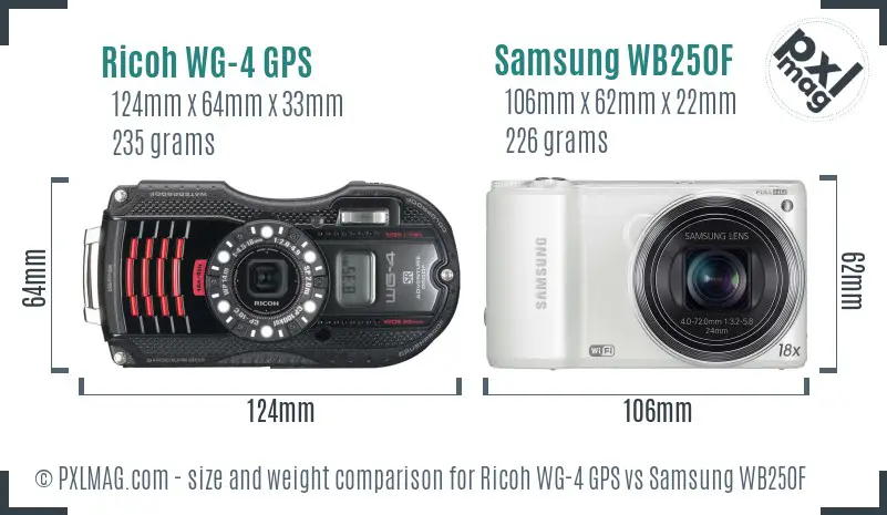 Ricoh WG-4 GPS vs Samsung WB250F size comparison