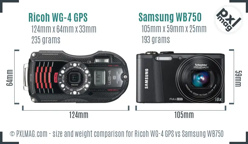 Ricoh WG-4 GPS vs Samsung WB750 size comparison