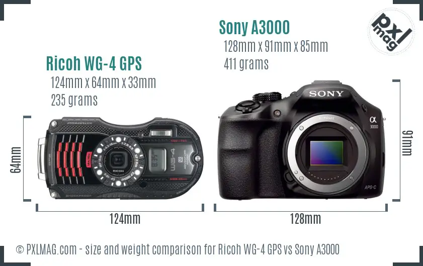 Ricoh WG-4 GPS vs Sony A3000 size comparison