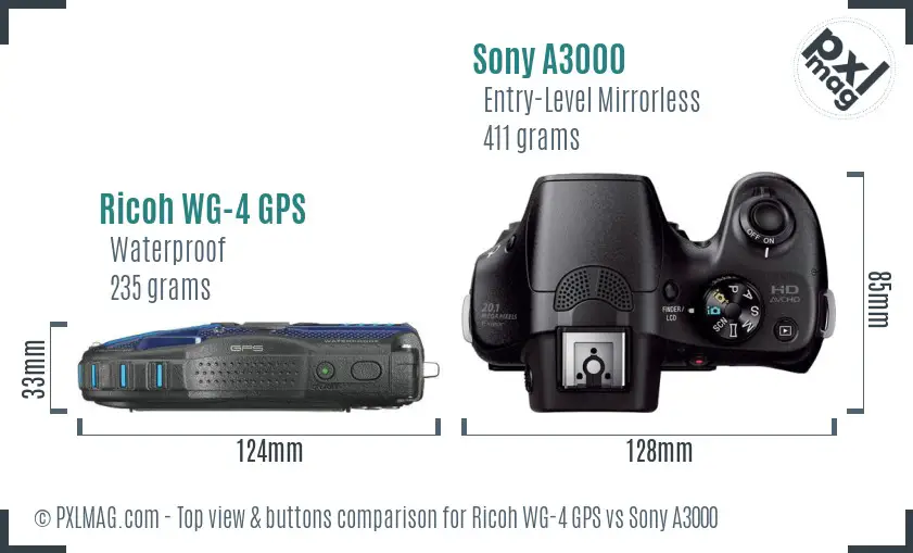 Ricoh WG-4 GPS vs Sony A3000 top view buttons comparison