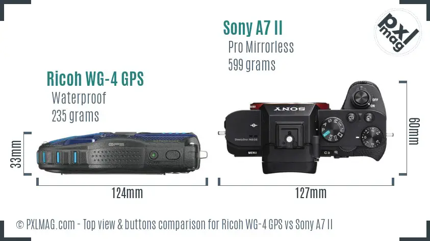 Ricoh WG-4 GPS vs Sony A7 II top view buttons comparison