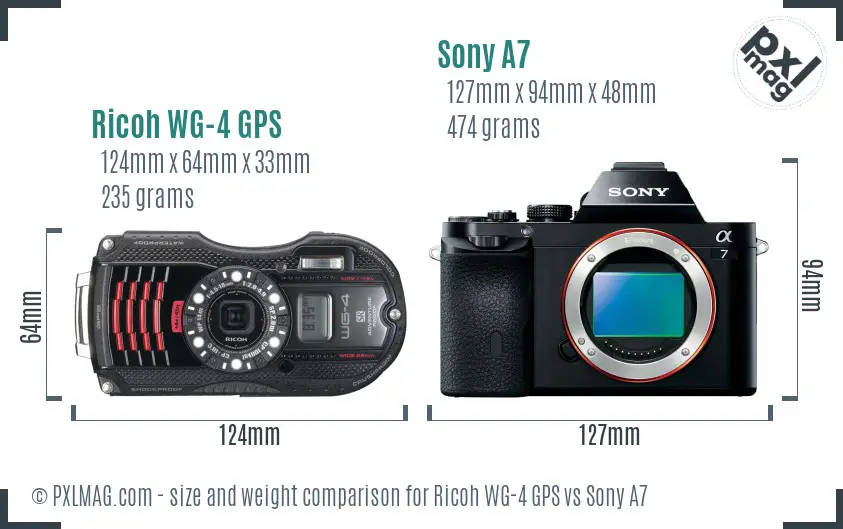 Ricoh WG-4 GPS vs Sony A7 size comparison