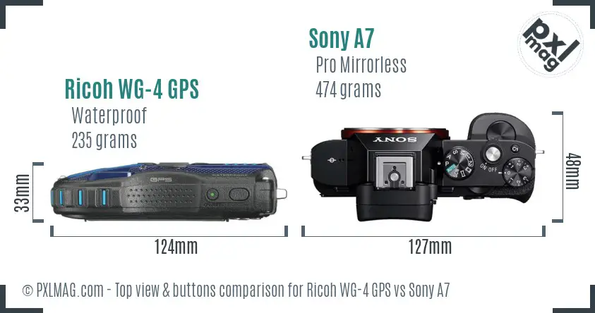 Ricoh WG-4 GPS vs Sony A7 top view buttons comparison