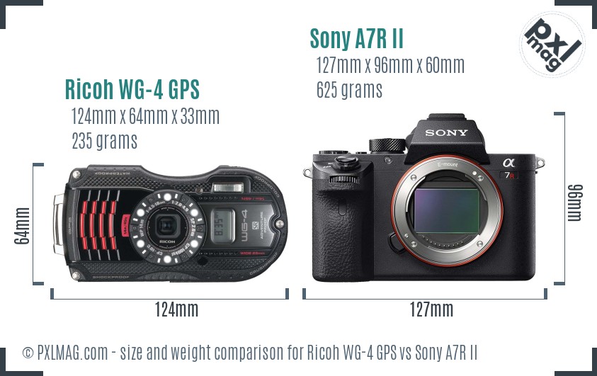 Ricoh WG-4 GPS vs Sony A7R II size comparison