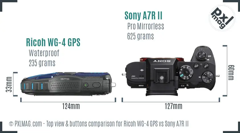 Ricoh WG-4 GPS vs Sony A7R II top view buttons comparison