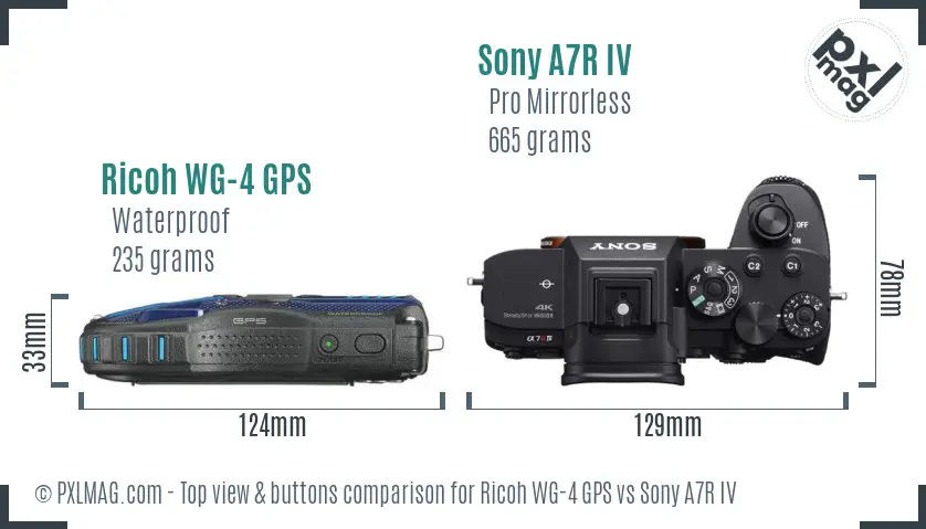 Ricoh WG-4 GPS vs Sony A7R IV top view buttons comparison