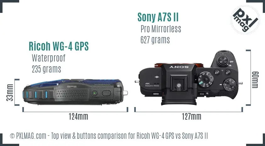 Ricoh WG-4 GPS vs Sony A7S II top view buttons comparison