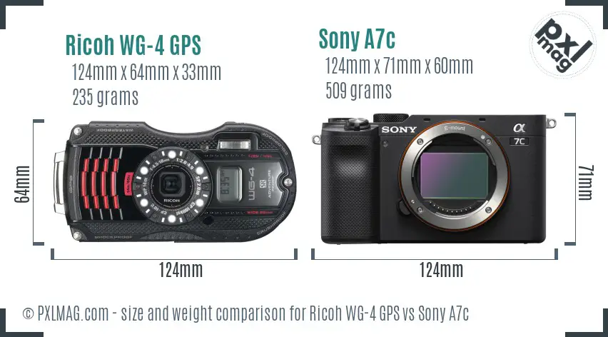 Ricoh WG-4 GPS vs Sony A7c size comparison