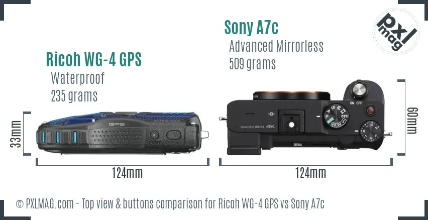 Ricoh WG-4 GPS vs Sony A7c top view buttons comparison