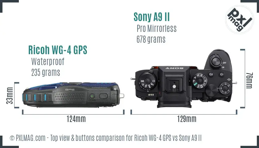 Ricoh WG-4 GPS vs Sony A9 II top view buttons comparison