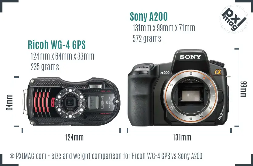 Ricoh WG-4 GPS vs Sony A200 size comparison