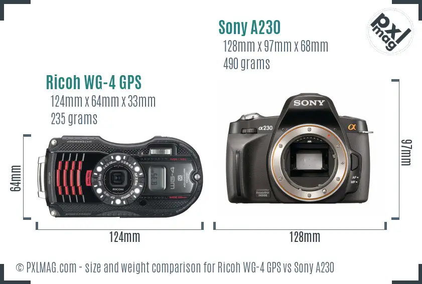 Ricoh WG-4 GPS vs Sony A230 size comparison