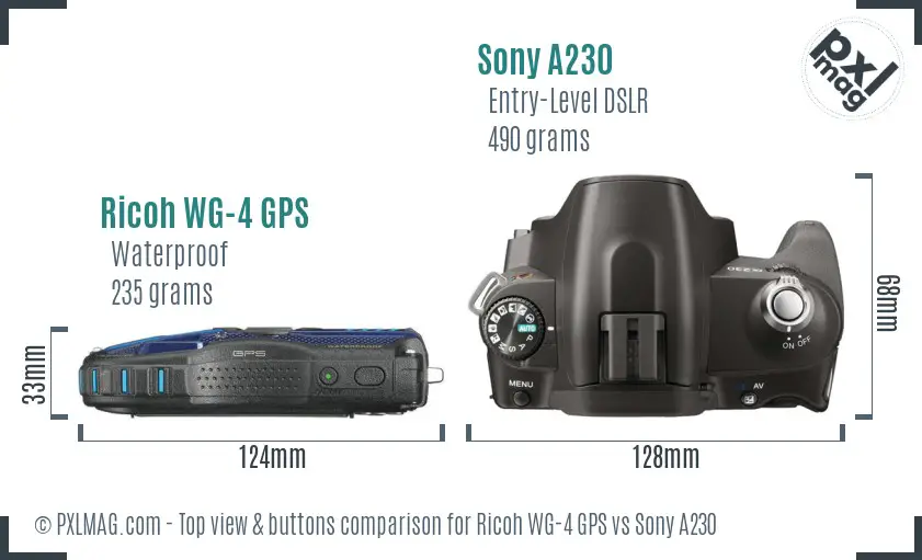 Ricoh WG-4 GPS vs Sony A230 top view buttons comparison