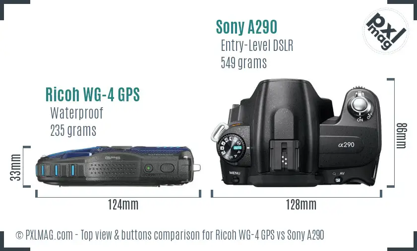 Ricoh WG-4 GPS vs Sony A290 top view buttons comparison Ricoh WG-4 GPS vs Sony A290 top view buttons comparison