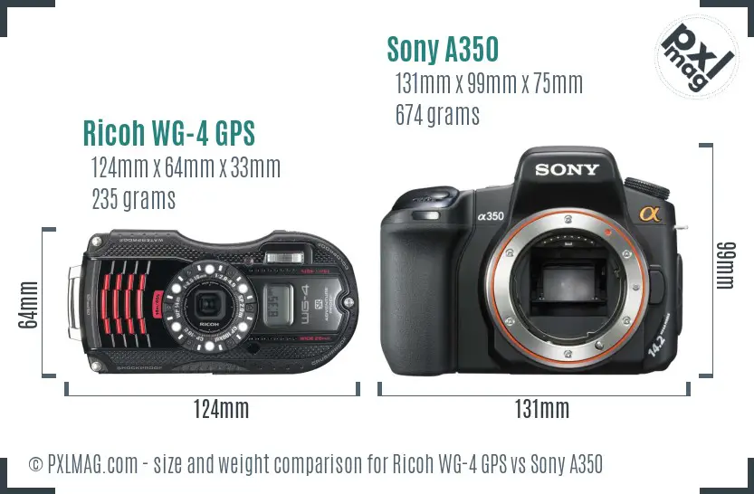 Ricoh WG-4 GPS vs Sony A350 size comparison