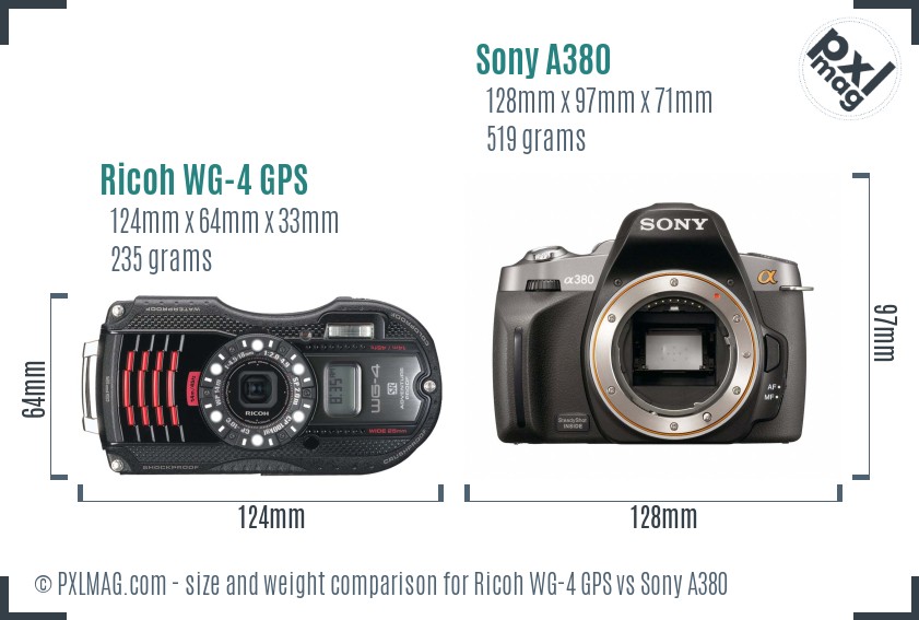 Ricoh WG-4 GPS vs Sony A380 size comparison