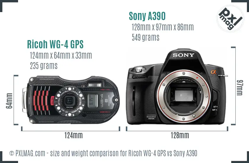 Ricoh WG-4 GPS vs Sony A390 size comparison