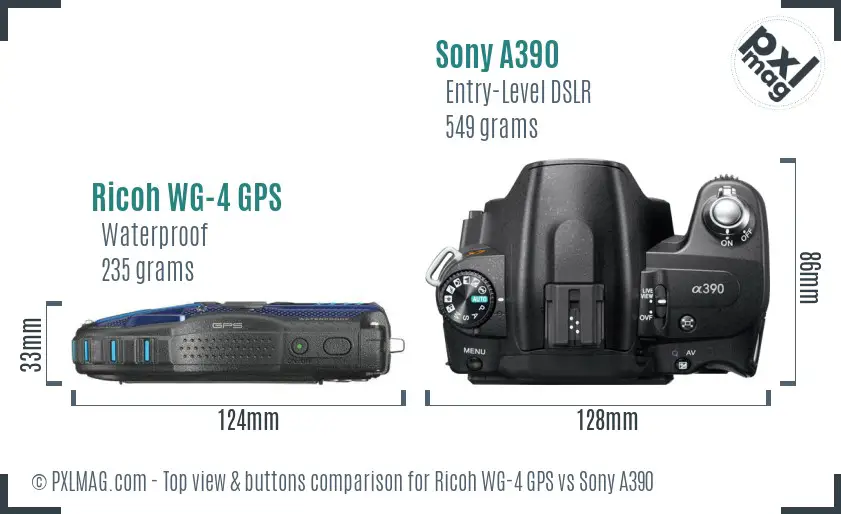 Ricoh WG-4 GPS vs Sony A390 top view buttons comparison
