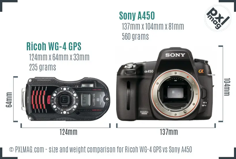 Ricoh WG-4 GPS vs Sony A450 size comparison