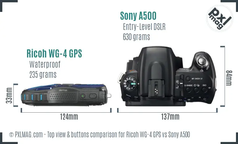 Ricoh WG-4 GPS vs Sony A500 top view buttons comparison