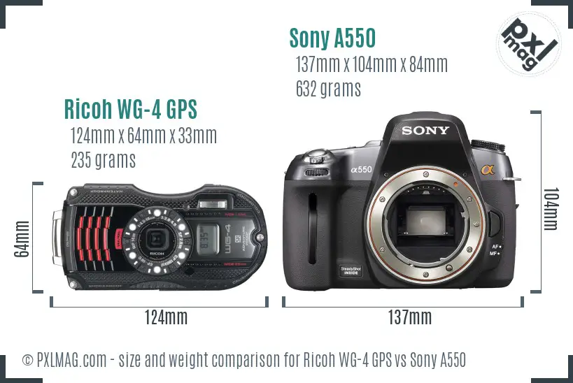 Ricoh WG-4 GPS vs Sony A550 size comparison