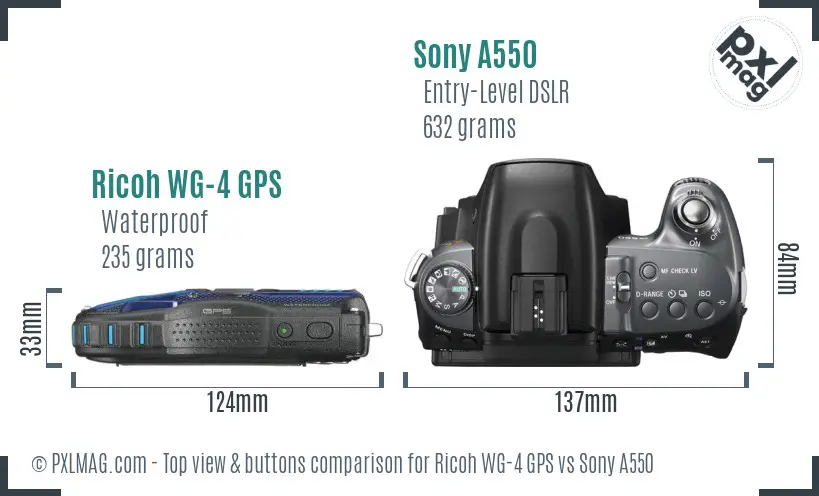 Ricoh WG-4 GPS vs Sony A550 top view buttons comparison