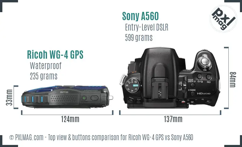 Ricoh WG-4 GPS vs Sony A560 top view buttons comparison