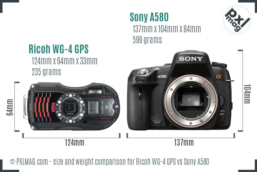 Ricoh WG-4 GPS vs Sony A580 size comparison