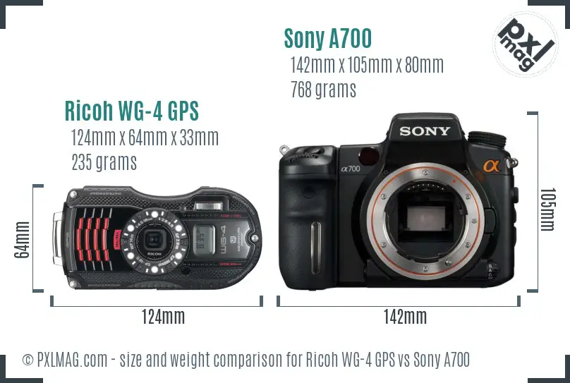 Ricoh WG-4 GPS vs Sony A700 size comparison